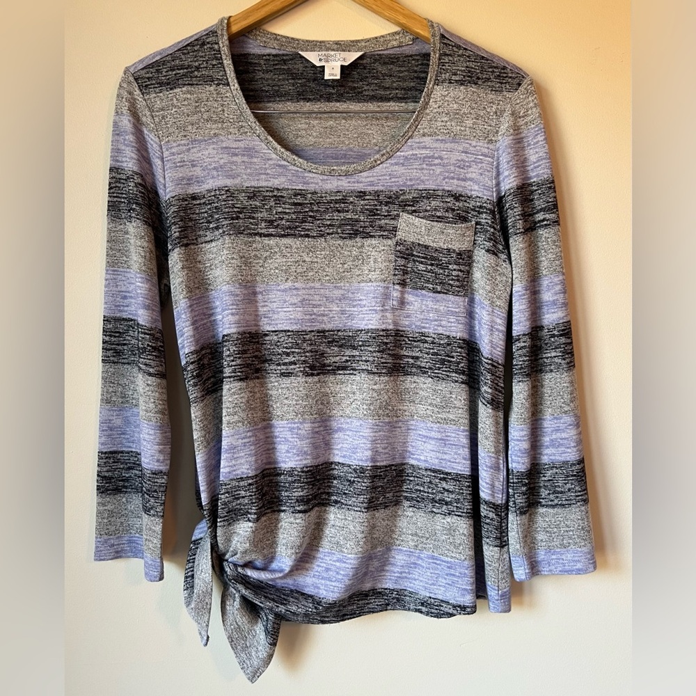 Market & Spruce Vreelan Top One Pocket Side Knot Knit Lavender Gray Black Size M